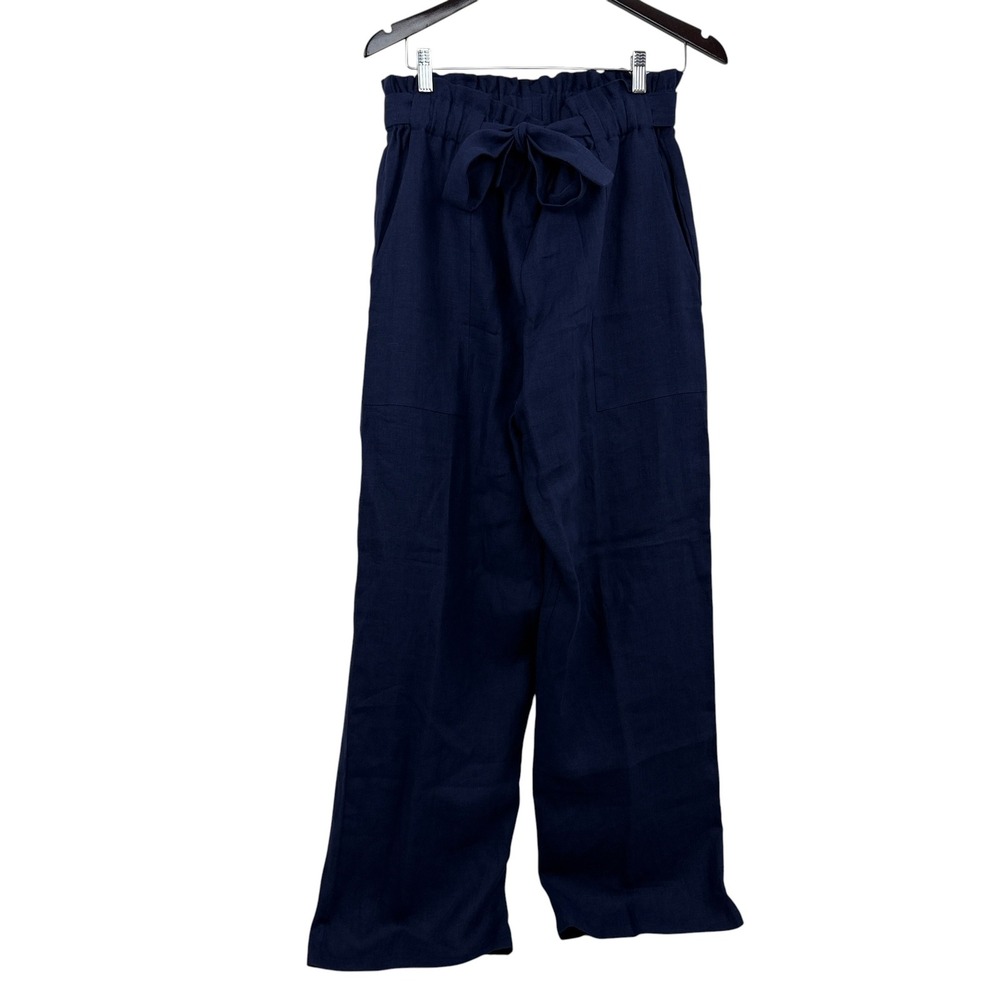 Love and Confuse Pants Womens Large Navy Blue Linen Paperbag Waist Tie Belt